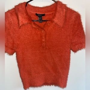 Orange, cropped, fuzzy collared shirt